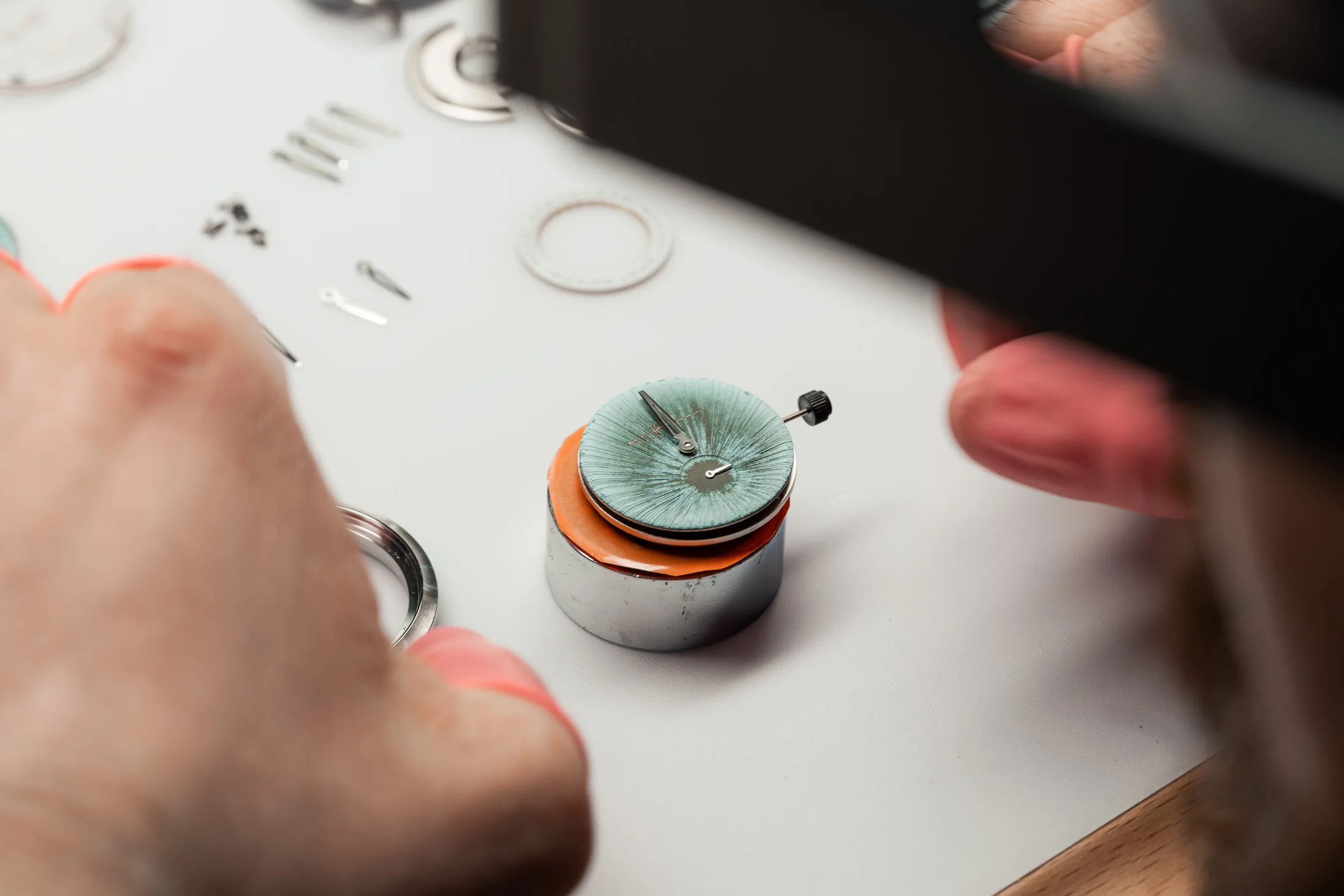LAB Series 1.S dial and hands during assembly